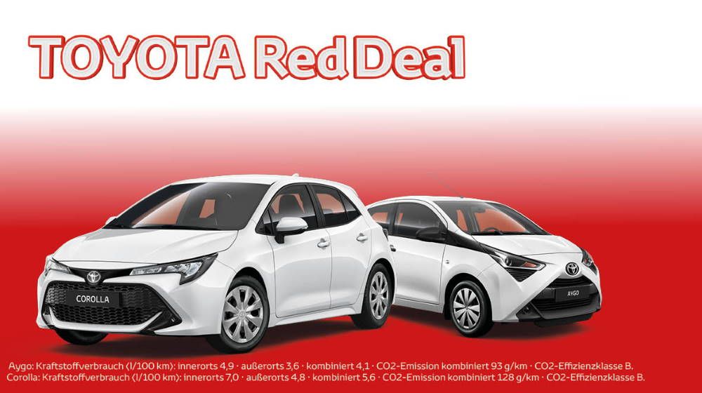 weißer Toyota Aygo und Toyota Yaris vor weiß/rötlichem Hintergrund mit der Überschrift Toyota Red Deals